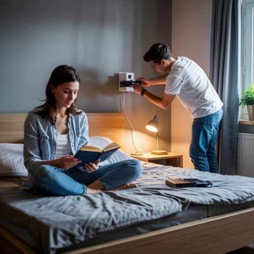 Heimliche Videoüberwachung: Mann installiert Kamera im Zimmer.