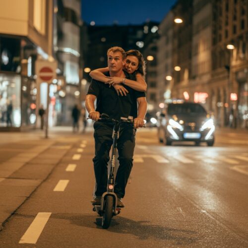 Lunatischer Mann fährt betrunken nachts auf E-Scooter mit Beifahrerin durch dunkle Straße
