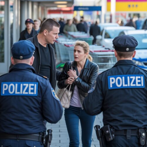Aggressive Person bedroht Frau vor Supermarkteingang, Polizisten eilen zur Hilfe