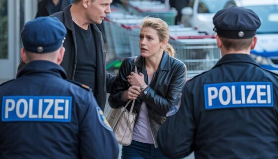 nachstellung-shandlungen Aggressive Person bedroht Frau vor Supermarkteingang, Polizisten eilen zur Hilfe
