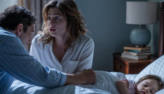 schlafendes-paar-schutz Frau erwacht schockiert im Schlafzimmer, Mann beugt sich drohend über sie, Kind schläft.