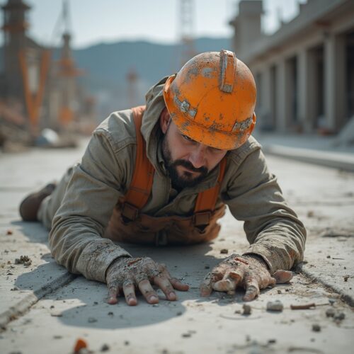 Bauarbeiter von Bewehrungsstäben durchbohrt auf Baustelle