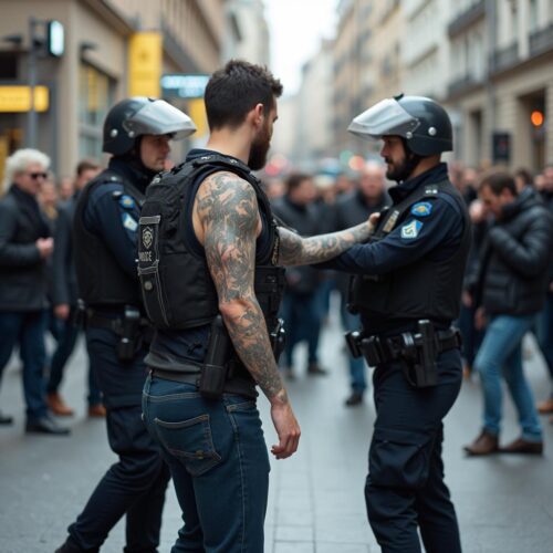 Mann mit Tattoos im Streit mit Polizisten auf einem Bahnhofsplatz, Passanten beobachten.