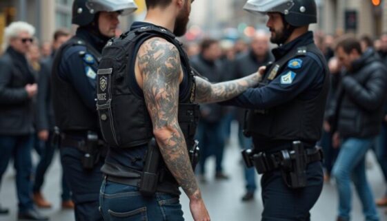 Mann mit Tattoos im Streit mit Polizisten auf einem Bahnhofsplatz, Passanten beobachten.