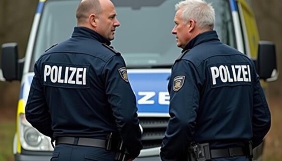 Polizeieinsatz vor dunkler Wohnungstür bei Nacht, schockierter Bewohner, Polizisten mit Durchsuchungsbeschluss