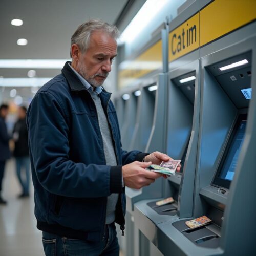 Maßiger Mann steht am Geldautomaten und entnimmt Bargeld in moderner Bankfiliale