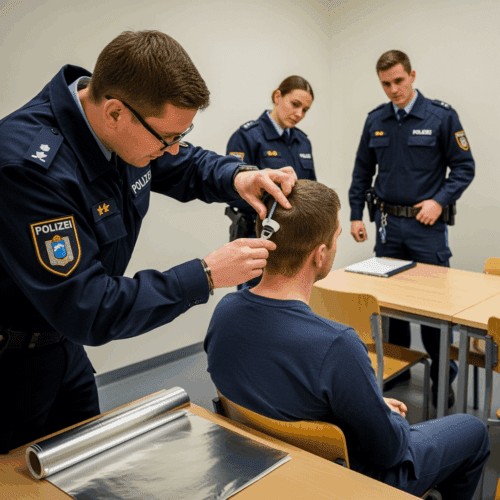 Polizeibeamter nimmt Haarprobe bei Verdächtigem in Verhörraum, mit Alufolie auf dem Tisch