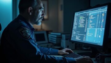 polizeirevier-beamter-datenzugriff Polizist arbeitet nachts am Computer in einem spärlich beleuchteten Büro