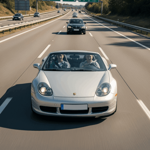Silberner Sportwagen überholt auf Autobahn mit Fahrern und Passagieren bei Tageslicht