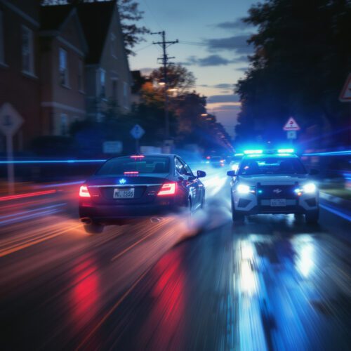 Ein Polizeiauto jagt eine rasende Limousine über nasse Nachtstraßen, deren digitale Fahrzeugdaten für ein Strafverfahren entscheidend sind.