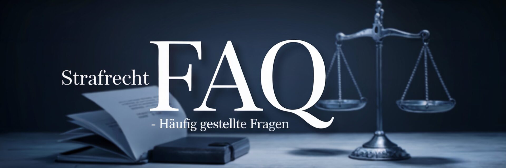 Symbolische Grafik zu FAQ - Häufig gestellte Fragen aus dem Strafrecht" mit Waage der Gerechtigkeit und Gesetzbüchern im Hintergrund