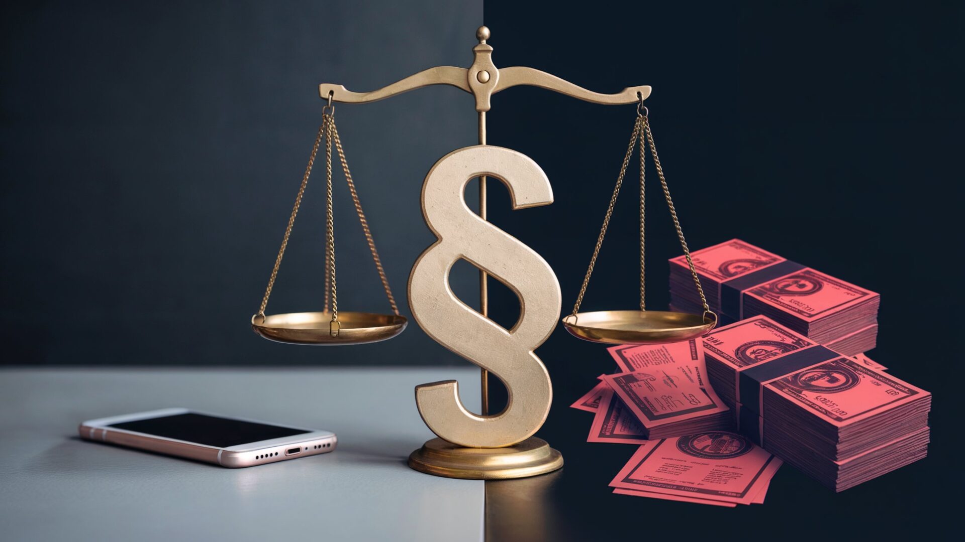 Eine symbolische Waage mit einem Paragraphensymbol gleicht zwischen einem Smartphone und einem Stapel Geldscheinen das Verhältnis von Recht und finanziellen Interessen bei gewerbsmäßigen Straftaten im Strafrecht aus.