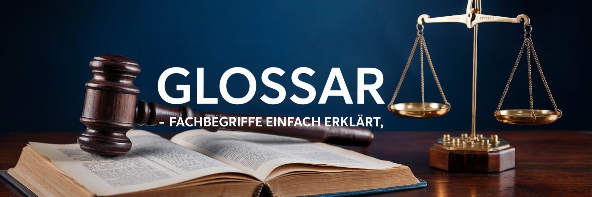 Richterhammer, Justitia-Waage und aufgeschlagenes Buch illustrieren das Glossar Strafrecht: Fachbegriffe einfach erklärt.