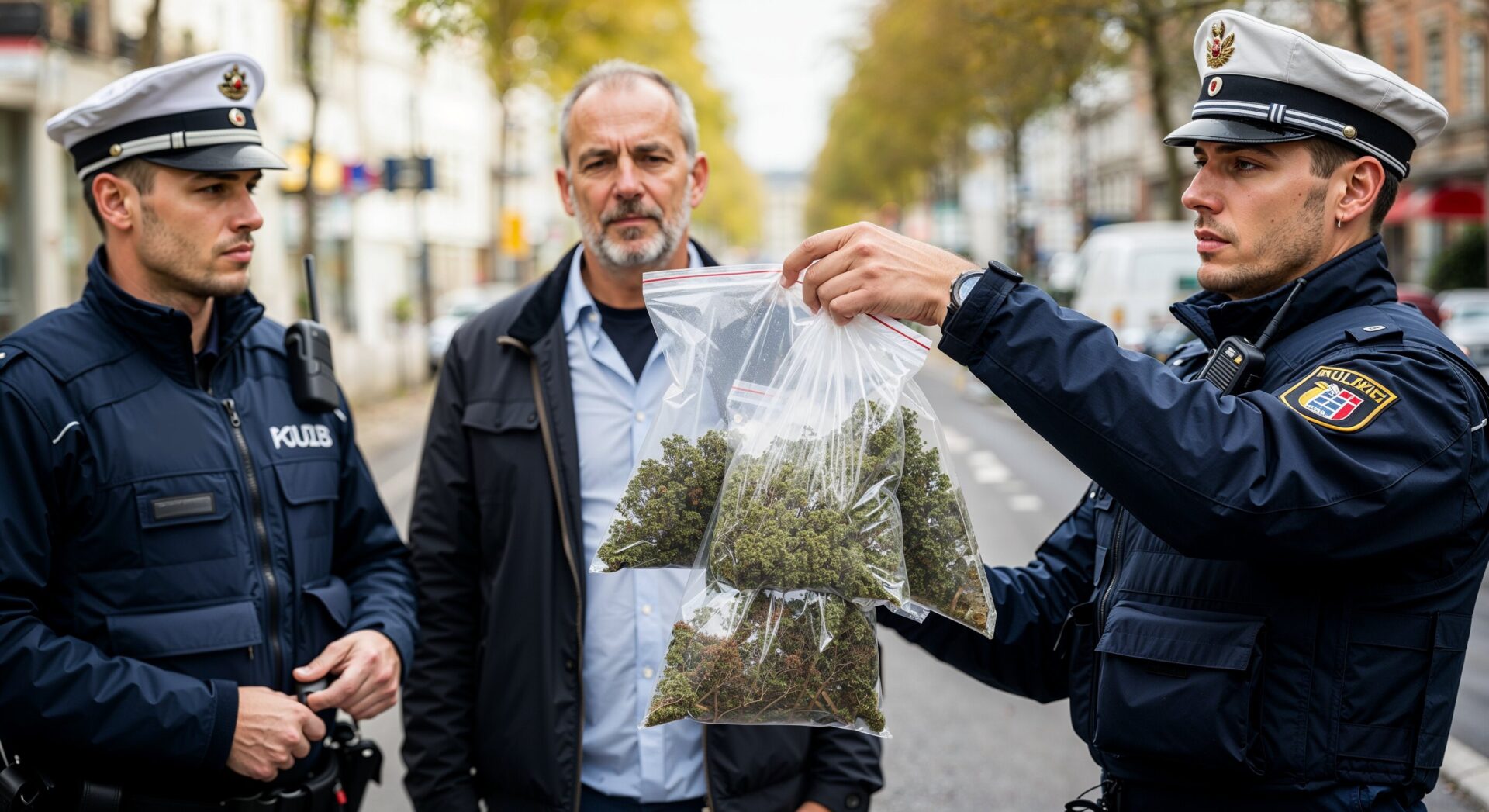 Polizei zeigt gefundenes Cannabis, dessen Menge für Eigenkonsum oder Handel relevant ist.