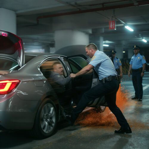 Zwei Polizisten zerren den aggressiven Autofahrer aus seinem silbernen Wagen, der dessen Tür zuvor als Waffe gegen eine Mitarbeiterin der Sicherheitswacht einsetzte.