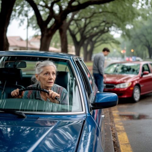 Eine besorgt blickende Seniorin sitzt in ihrem blauen Auto, während der Sachschaden im Hintergrund über die unzumutbare Härte einer vorläufigen Entziehung ihrer Fahrerlaubnis entscheidet.