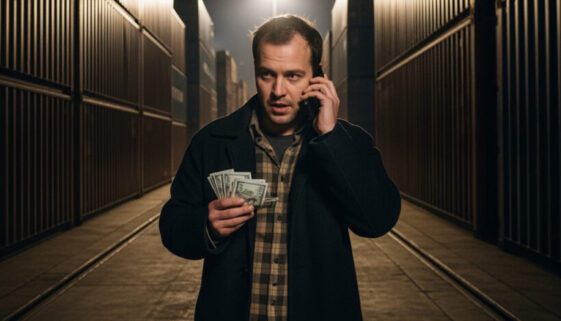 Ein Mann mit Geldscheinen und Handy symbolisiert den Widerruf der Strafaussetzung auf Bewährung nach Straftat.