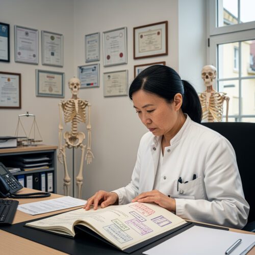 Eine Chirurgin prüft in einer Klinik Akten auf mögliche Behandlungsfehler.