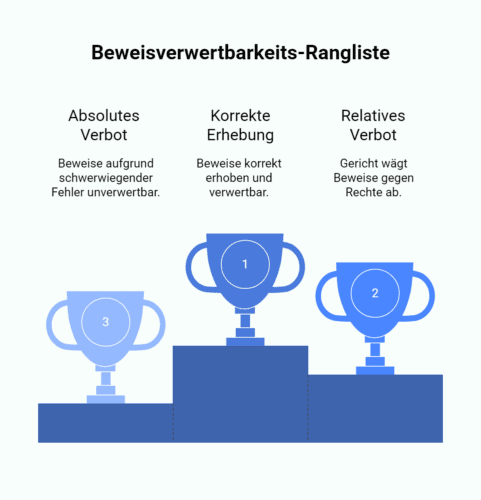Infografik die eine Rangliste der Beweisverwertbarkeit zeigt, wann Beweise vor Gericht standhalten: korrekt erhobene Beweise zählen, während absolute Fehler sie völlig entwerten können.