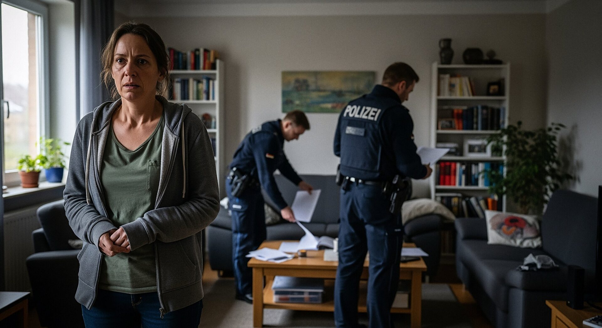 Eine besorgte Person steht in ihrem Wohnzimmer, während im Hintergrund Polizisten eine Hausdurchsuchung durchführen, was das Thema des Beweisverwertungsverbots illustriert.