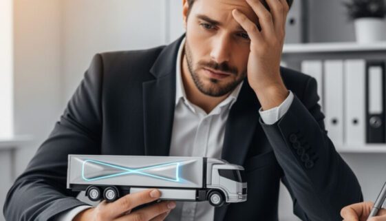 Ein geschädigter Investor prüft angespannt das Modell eines Wasserstoff-Lkw, Symbol des Millionenbetrugs, während auf Dokumenten am Tisch die formellen Gründe für die endgültige Zurückweisung seines Klageerzwingungsantrags festgehalten werden.