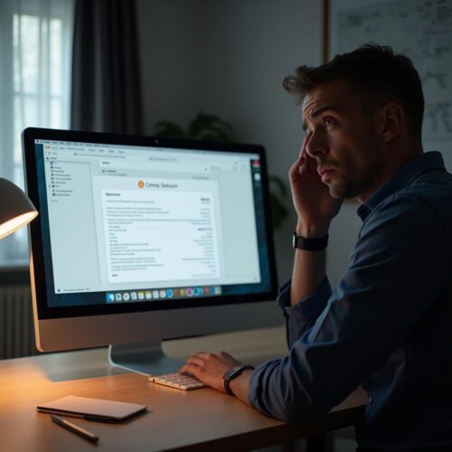 Ein Mann reibt sich übermüdet die Augen vor dem Computermonitor, dessen Tabelle die Spuren eines unautorisierten Krypto-Transfers offenbart.