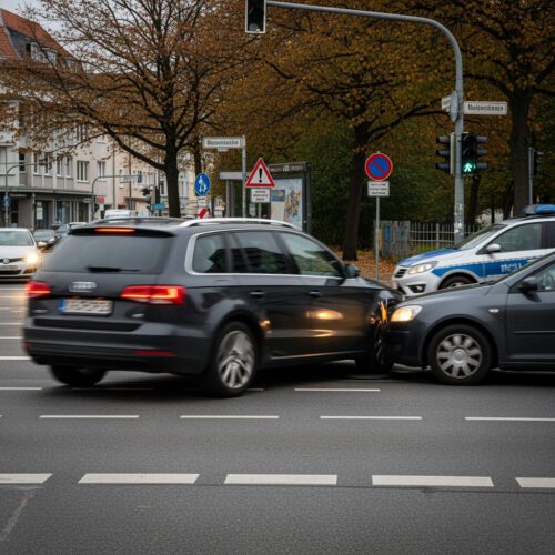 Zwei Fahrzeuge stehen nach einem riskanten Manöver eines vor der Polizei flüchtenden Autofahrers in einer Kreuzung in Kontakt, symbolhaft für die Nötigung im Straßenverkehr, deren gerichtliche Bewertung neu aufgerollt wird.