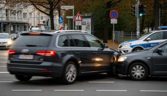 Zwei Fahrzeuge stehen nach einem riskanten Manöver eines vor der Polizei flüchtenden Autofahrers in einer Kreuzung in Kontakt, symbolhaft für die Nötigung im Straßenverkehr, deren gerichtliche Bewertung neu aufgerollt wird.