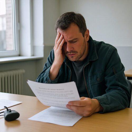 Ein Angeschuldigter fasst sich an die Stirn, während er einen Gerichtsentscheid zum Wechsel seines Pflichtverteidigers prüft.