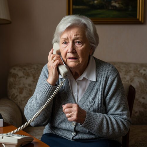 Eine Seniorin nimmt mit besorgtem Gesichtsausdruck den Schockanruf der Betrüger entgegen, die ihr unter dem Vorwand, ihre Tochter vor Haft zu bewahren, 400.000 Euro abverlangen.