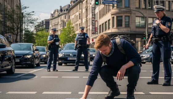 Ein Protestierender kniet auf der Fahrbahn und bestätigt die Haftung seiner Klebeverbindung, während im Hintergrund Polizeibeamte zur Beendigung seines Widerstands gegen die Vollstreckung bereitstehen.
