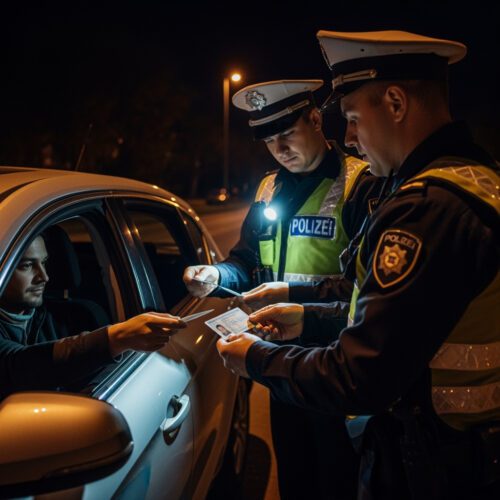 Bei einer nächtlichen Verkehrskontrolle überprüfen Polizisten konzentriert den von einem Autofahrer vorgelegten gefälschten italienischen Führerschein.