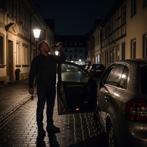 Ein Beschuldigter beim Nachtrunk, um die Promille-Rückrechnung nach der Trunkenheitsfahrt für die Beweiswürdigung zu erschweren.