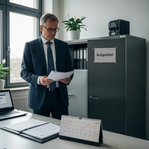 Ein Autofahrer studiert die Akten seines wegen Verjährung eingestellten Bußgeldverfahrens und die damit verbundene, von der Staatskasse abgelehnte Übernahme seiner Anwaltskosten.