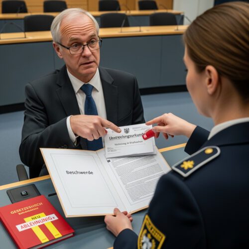 Ein gesetzlicher Betreuer legt einer uniformierten Justizbeamtin eine Beschwerde gegen den Bewährungswiderruf seines Schützlings vor und verweist dabei auf ein entscheidendes Dokument in der offenen Akte.