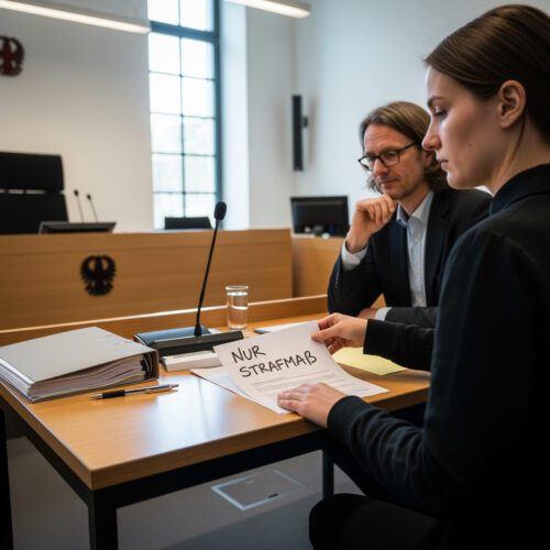 Eine Beschuldigte bespricht mit ihrem Anwalt die Einspruchsbeschränkung auf die Strafhöhe ihres Strafbefehls wegen Verfahrensfehlern.