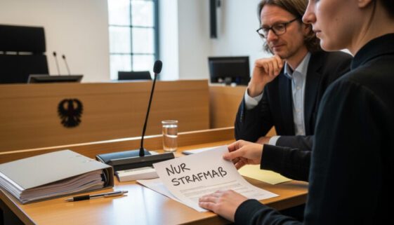 Eine Beschuldigte bespricht mit ihrem Anwalt die Einspruchsbeschränkung auf die Strafhöhe ihres Strafbefehls wegen Verfahrensfehlern.