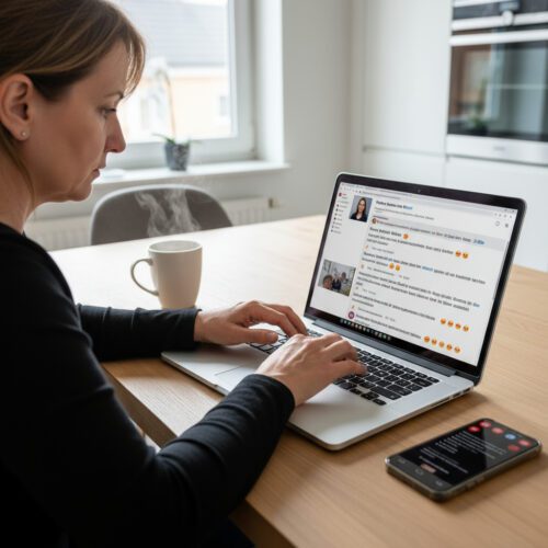 Eine Frau übt am Laptop ihre Meinungsfreiheit aus, indem sie online Amtsträger kritisiert und personenbezogene Daten verbreitet.