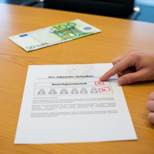—Ein Bürgergeld-Empfänger prüft auf einem Jobcenter-Bescheid die Berechnung des Tagessatzes seiner Geldstrafe, um die Einhaltung seines Existenzminimums und des Regelbedarfs seiner Bedarfsgemeinschaft sicherzustellen.