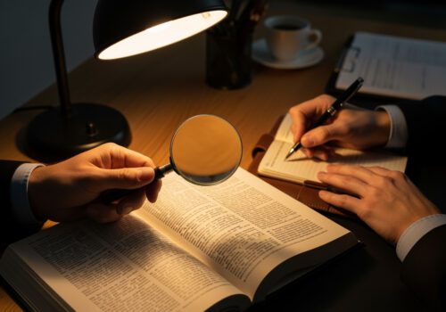 Hände mit Lupe und Stift über einem deutschen Gesetzbuch, was die juristische Feinarbeit bei der Abgrenzung von Straftaten symbolisiert.