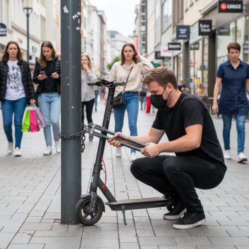 Ein maskierter Tatverdächtiger hantiert an einem E-Scooter. Ist E-Scooter-Diebstahl eine Straftat von erheblicher Bedeutung?