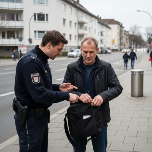 Polizist prüft Tasche. War die Durchsuchung rechtmäßig? Ein Drogenfund würde sonst vom Beweisverwertungsverbot erfasst.