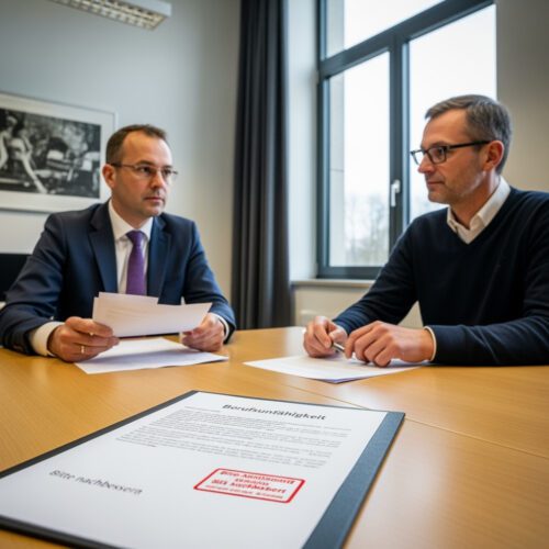 Ein Sachverständiger und sein Anwalt prüfen die Ablehnung seines Honorars wegen eines fehlerhaften Gutachtens zur Berufsunfähigkeit.