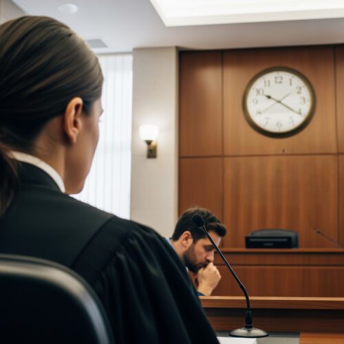Ein Gerichtssaal, in dem als mildes Mittel der Verhandlungstag verkürzt wurde, symbolisiert durch eine Uhr.