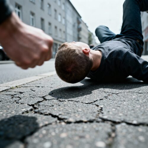 Ein Opfer liegt nach dem Faustschlag auf dem Asphalt. Das Gericht prüft, ob die lebensgefährdende Behandlung durch den Sturz vorsätzlich war.