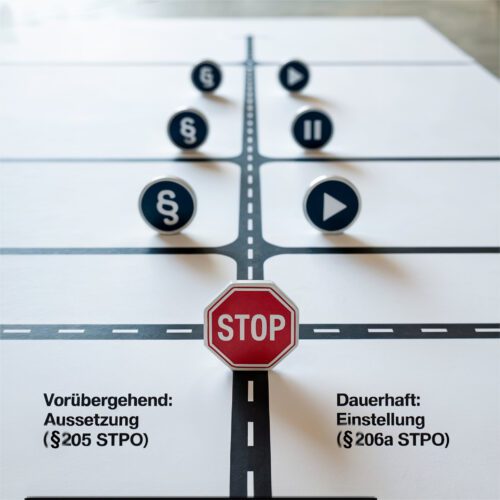 Infografik zeigt den Verfahrensablauf: Aussetzung (Pause) vs. Einstellung (Stopp).