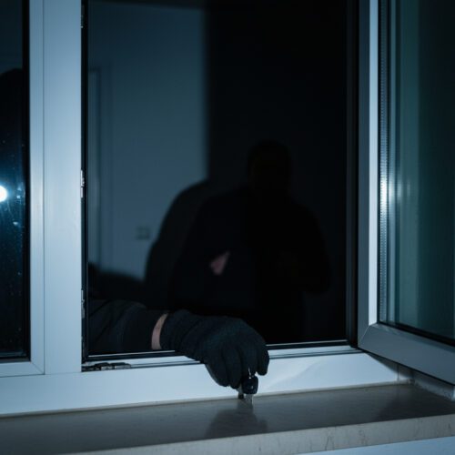 Einbrecher öffnet ein Fenster