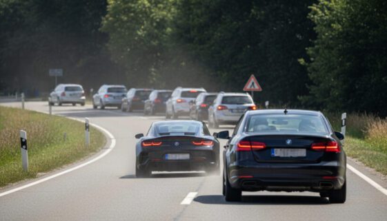 Ein dunkles Auto überholt rücksichtslos eine Kolonne und zwingt den entgegenkommenden Wagen zum abrupten Abbremsen.
