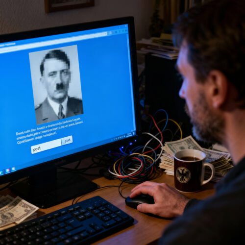 Auf einem leuchtenden Monitor erscheint das Porträt von Adolf Hitler und politischer Text, kurz bevor der Nutzer den Sende-Button drückt.