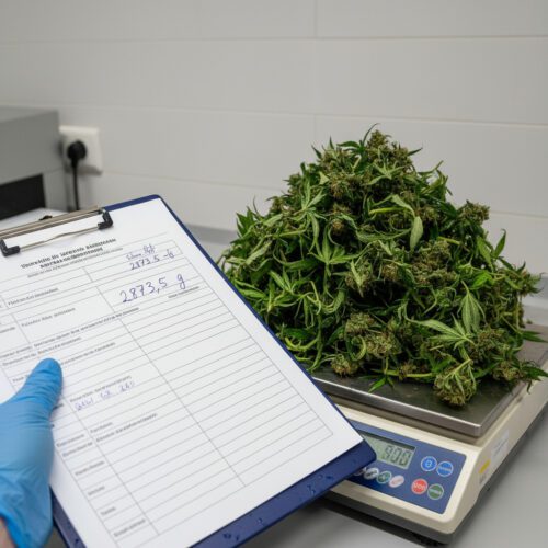 Ein großer, nasser Klumpen Cannabispflanzenmaterial auf einer Waage; das hohe Gewicht wird auf einem Protokoll notiert.